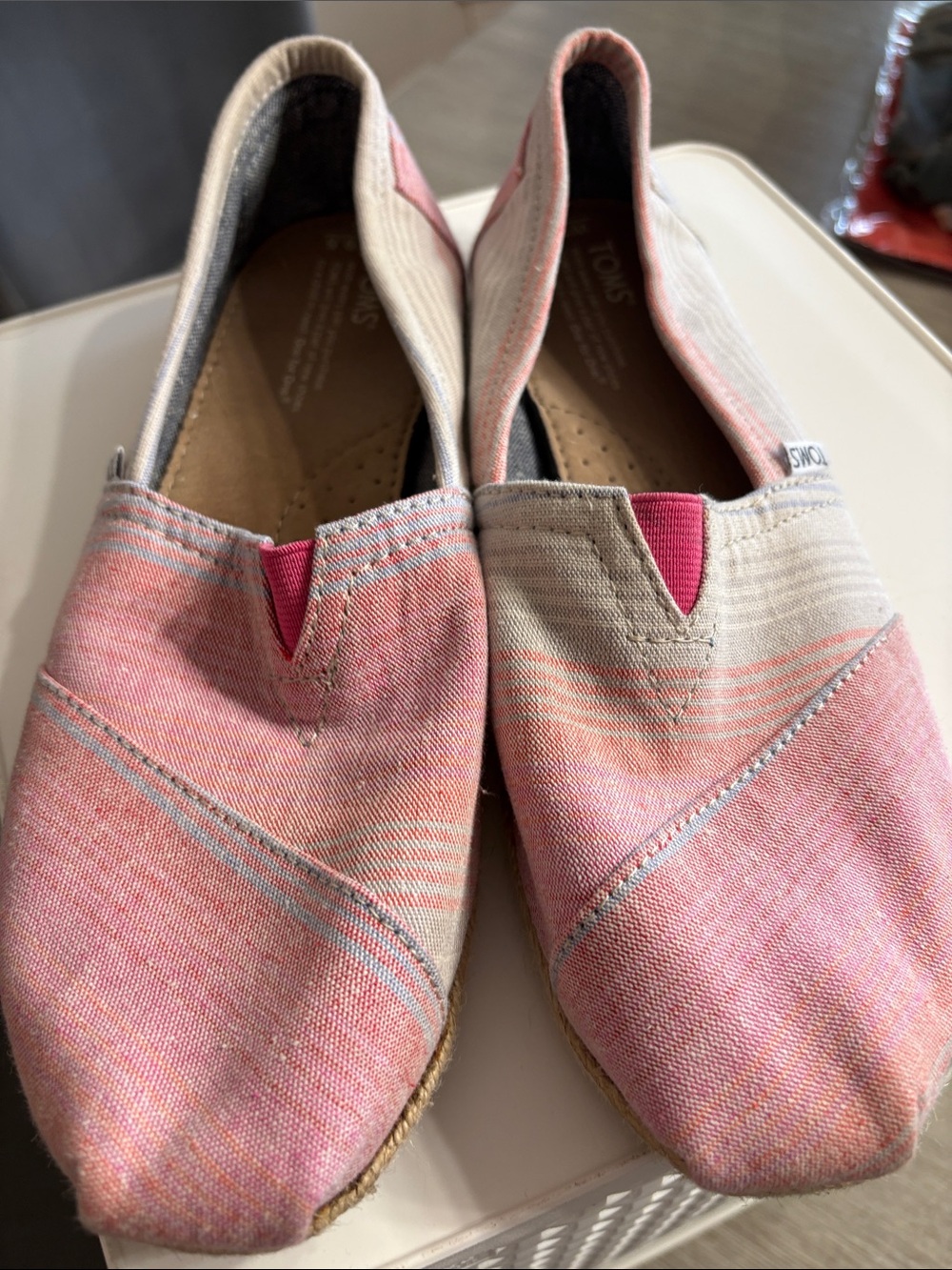 Toms Women's Pink and Cream Canvas Slip-On Moccasins